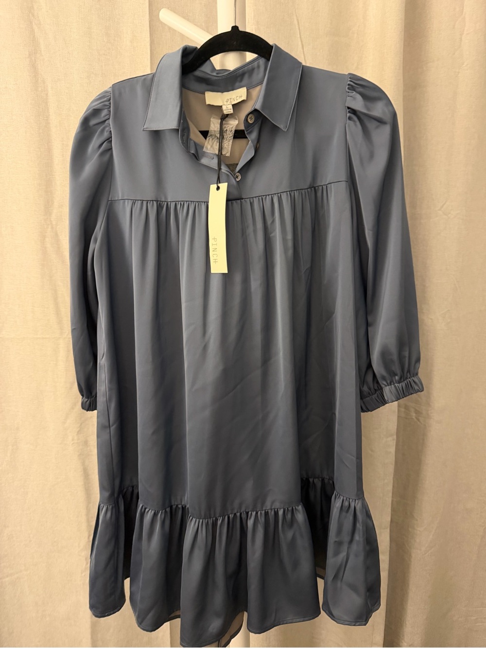 Pinch Slate Blue Satin Shirt Dress with Gathered Yoke